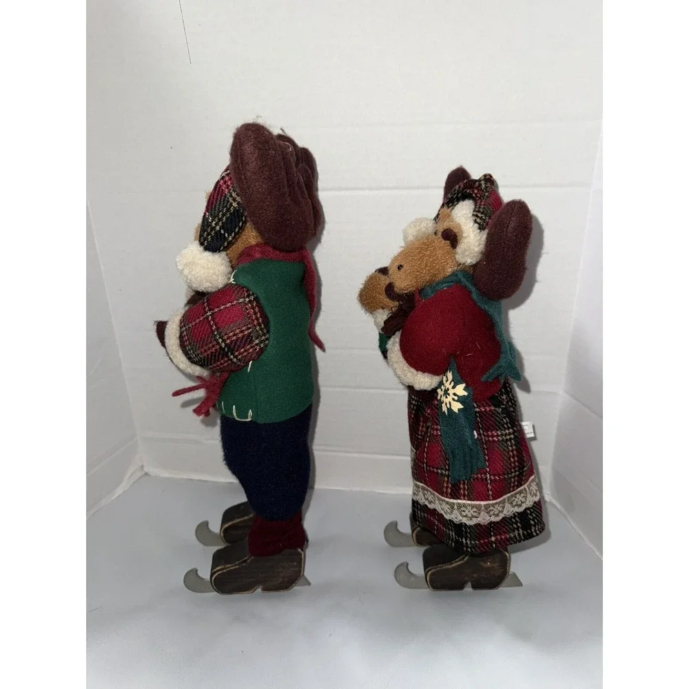 Vintage 2 Chris Moose Christmas Stand Alone Decor Ice Skating Couple Baby Winter